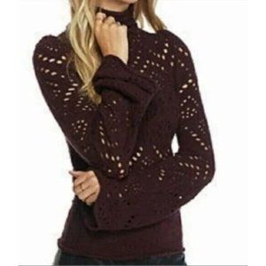 Free People Womens Shoot From The Heart Sweater Medium Burgundy Eyelet Cowl Neck